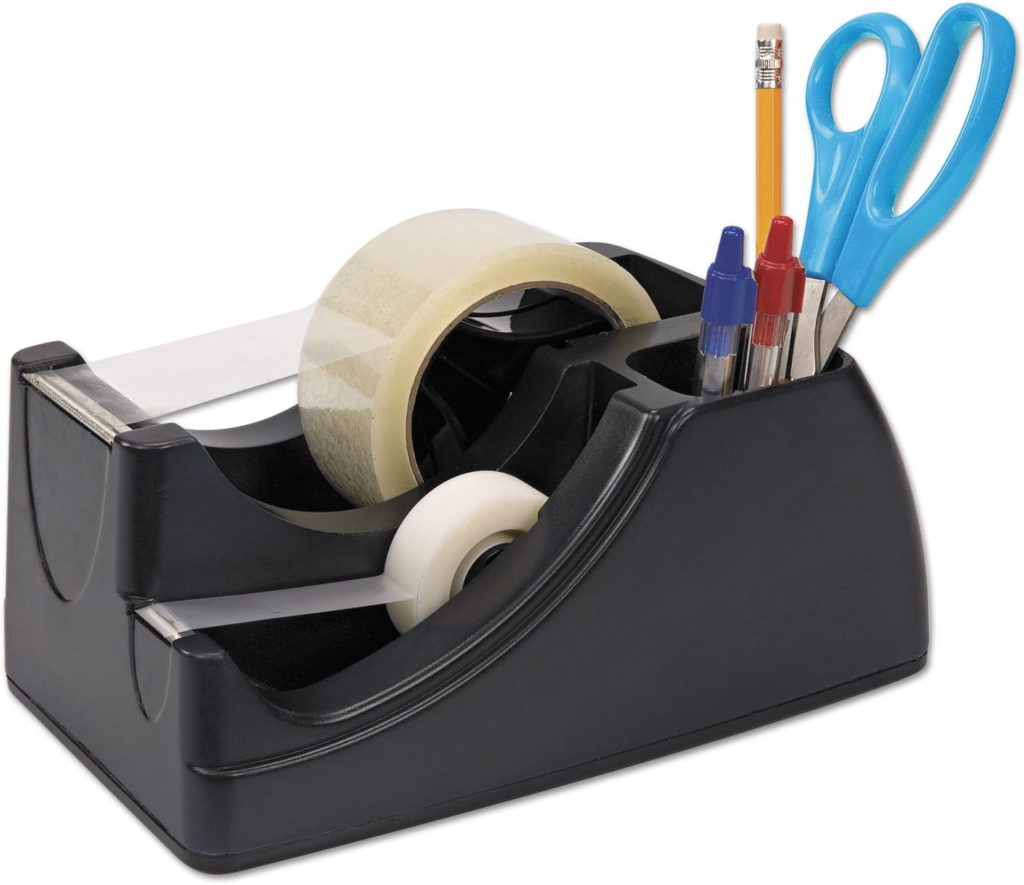 Officemate 96690 Recycled 2-in-1 Heavy Duty Tape Dispenser, 1-Inch and 3-Inch Cores, Black